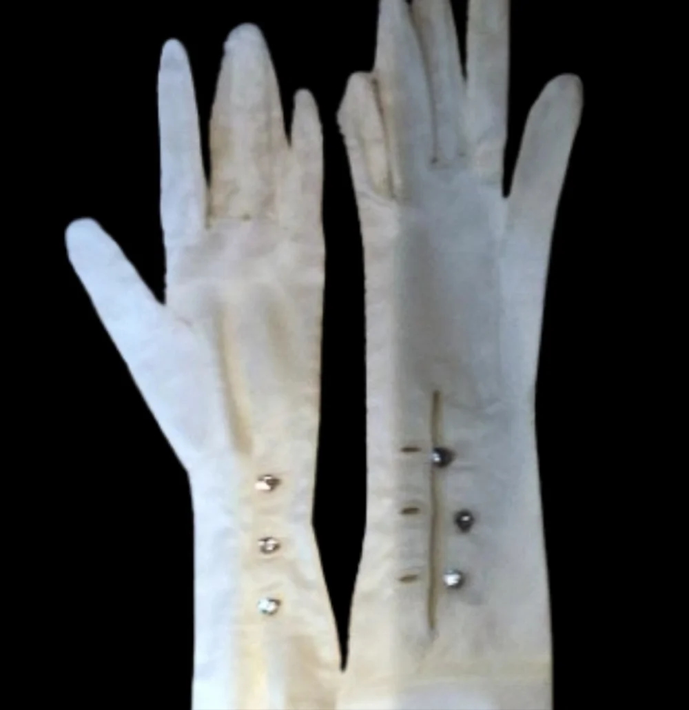 Vintage Aris White Satin Rhinestone closure elbow length gloves 7.5